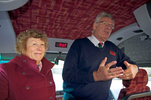 Karen and Slack's Coach driver welcome us on board